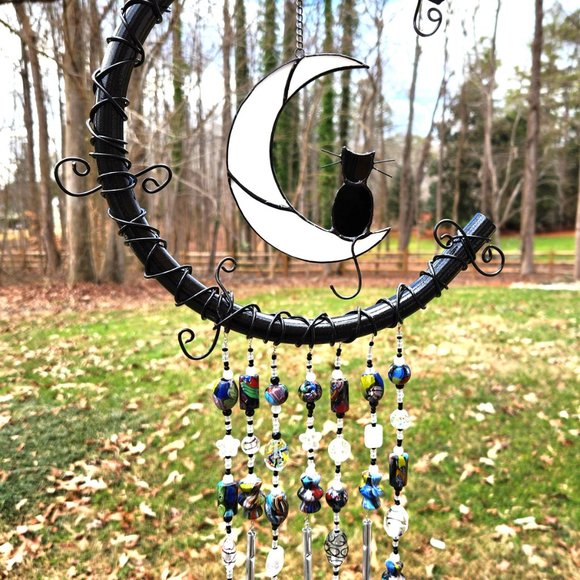Black Aluminum Wind Chime Lampwork Glass Beads Handmade Home Decor Stained Glass - Picture 3 of 4